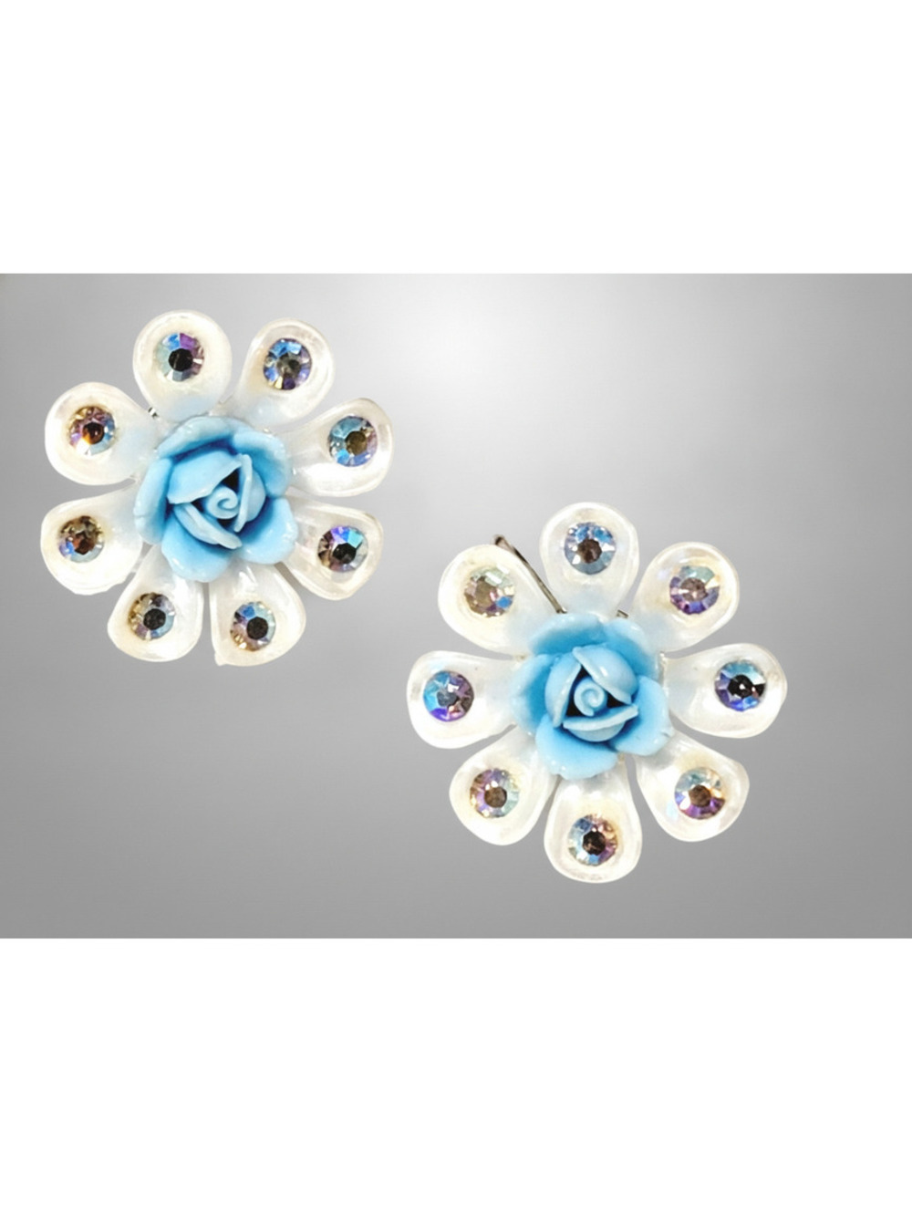 Vintage Blue Rose Earrings Screw Backs AB Rhinestone Lucite Mid-Century sb-1